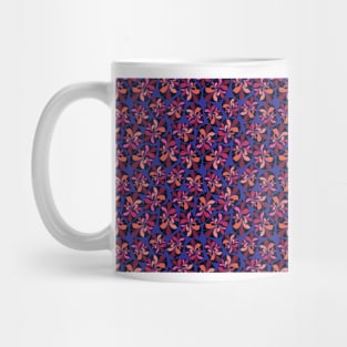 African inspired abstract leaves. Orange, pink, coral, red, peach and black leaves on a vivid blue background. Mug